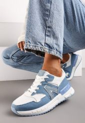 Niebiesko-Białe Sznurowane Sneakersy przed Kostkę na Płaskiej Podeszwie z Aplikacją Irines. Białe obuwie sportowe damskie Born2be, przed kostkę, bez zapięcia. Za 99.99 zł.