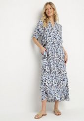 Niebieska Sukienka z Wiskozy o Pudełkowym Kroju w Ornamentalny Wzór Ridisa. Niebieskie sukienki damskie Born2be, bez wzorów, z wiskozy, eleganckie, bez ramiączek. Za 99.99 zł.