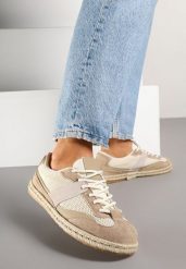 Ciemnobeżowe Sneakersy Typu Kultowe Tenisówki Zdobione Przeszyciami Grelloti. Brązowe obuwie sportowe damskie Renee, z jeansu, bez zapięcia, tenisowe. Za 79.99 zł.