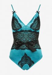 Niebiesko-Czarne Body Zdobione Koronką ze Stringami i Satynową Wstążką Luneie. Niebieskie body i gorsety Born2be, z aplikacjami, z koronki. Za 39.99 zł.
