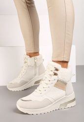 Beżowe Sneakersy na Koturnie z Futerkowym Obszyciem i Metalicznymi Detalami Promelia. Brązowe obuwie sportowe damskie Renee, z jeansu, bez zapięcia. Za 119.99 zł.