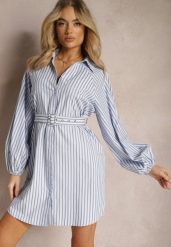 Niebiesko-Biała Taliowana Sukienka Koszulowa w Ozdobne Paski Lasenella. Niebieskie sukienki damskie Renee, bez wzorów, z bawełny, eleganckie, bez ramiączek. Za 109.99 zł.