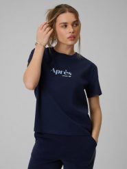 4F T-shirt boxy z nadrukiem damski - granatowy S. Niebieskie t-shirty damskie 4F, s, bez wzorów, z bawełny, bez kołnierzyka. Za 69.99 zł.