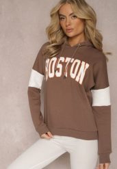 Brązowa Bawełniana Bluza z Kapturem w Amerykańskim Stylu z Napisem i Polarem Iocaste. Brązowe bluzy damskie Renee, bez wzorów, z bawełny, z kapturem. Za 79.99 zł.