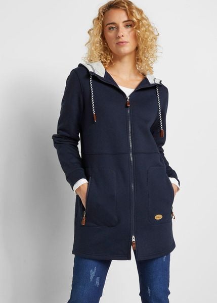 Długa bluza rozpinana z kapturem. Niebieskie bluzy damskie bonprix, bez wzorów, z kapturem. Za 124.99 zł.
