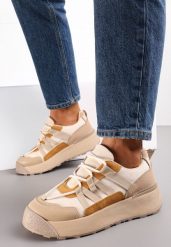 Ciemnobeżowe Sznurowane Płaskie Sneakersy z Kolorowymi Wstawkami z Ekoskóry Wonise. Brązowe obuwie sportowe damskie Renee, na jesień, przed kostkę, bez zapięcia. Za 89.99 zł.