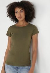 Ciemnozielony T-shirt Perirea. Zielone t-shirty damskie Born2be, l, bez wzorów, z dzianiny, bez kołnierzyka. Za 19.99 zł.