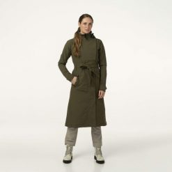 Damska kurtka przeciwdeszczowa miejska długa Trench Coat zielona. Zielone kurtki damskie AGU, m, bez wzorów, z materiału, z kapturem. Za 845.85 zł.