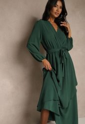 Zielona Asymetryczna Koktajlowa Sukienka z Wiskozą Kopertowym Dekoltem i Paskiem Laniea. Zielone sukienki damskie Renee, bez wzorów, z wiskozy, eleganckie, bez ramiączek. Za 109.99 zł.