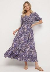 Fioletowa Bawełniana Sukienka o Rozkloszowanym Kroju we Wzór Paisley Folurelle. Fioletowe sukienki damskie Born2be, bez wzorów, z bawełny, eleganckie, bez ramiączek. Za 49.99 zł.