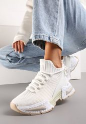 Białe Sneakersy Sportowe na Grubej Podeszwie ze Skarpetkową Cholewką Xille. Białe obuwie sportowe damskie Renee, bez zapięcia, do biegania. Za 99.99 zł.