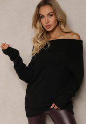 Czarny Golf z Wełną Wiskozą i Wywiniętym Dekoltem Hedita. Czarne golfy damskie Renee, bez wzorów, z jeansu, bez ramiączek. Za 109.99 zł.
