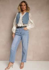 Niebieskie Jeansy Balloon High Waist z Przeszyciami na Wysokości Kolan Nollimi. Niebieskie jeansy damskie Renee, bez wzorów, z jeansu. Za 119.99 zł.