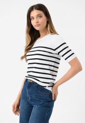 Dzianinowa koszulka w paski TM-IRIS. Niebieskie koszulki damskie Volcano, xl, bez wzorów, z dzianiny, bez kołnierzyka, bez ramiączek. Za 99.99 zł.