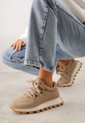 Ciemnobeżowe Sneakersy na Platformie Ozdobionej Tłoczeniem Zerla. Brązowe obuwie sportowe damskie Renee, z jeansu, bez zapięcia. Za 119.99 zł.