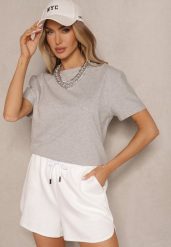 Szara Klasyczna Gładka Koszulka z Bawełny Detima. Szare bluzki damskie Renee, l, bez wzorów, z bawełny, bez kołnierzyka, bez ramiączek. Za 34.99 zł.