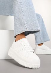 Białe Sneakersy na Grubej Podeszwie z Perforacją Eleadrelle. Białe obuwie sportowe damskie Born2be, z jeansu, bez zapięcia. Za 109.99 zł.