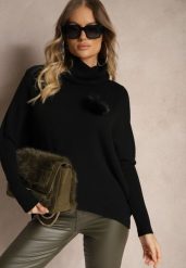 Czarny Golf o Kroju Nietoperza Ozdobiony Odpinaną Aplikacją 3D Melodia. Czarne golfy damskie Renee, s, z aplikacjami, z jeansu, bez ramiączek. Za 84.99 zł.