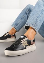 Czarne Sneakersy na Niskiej Platformie z Brokatowymi Zdobieniami Felaven. Czarne obuwie sportowe damskie Renee, z jeansu, bez zapięcia. Za 79.99 zł.