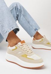 Beżowe Sneakersy na Grubej Podeszwie Ozdobione Brokatem Evllina. Brązowe obuwie sportowe casual damskie Born2be, bez zapięcia. Za 54.99 zł.