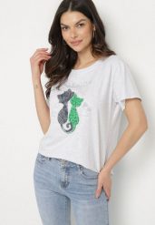 Jasnoszary T-shirt z Bawełny z Ozdobnym Napisem i Nadrukiem Olinella. Szare t-shirty damskie Born2be, l, bez wzorów, z bawełny, bez kołnierzyka. Za 34.99 zł.