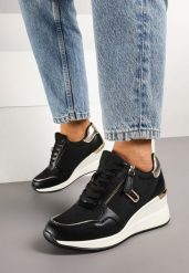 Czarne Sneakersy na Koturnie z Ozdobnym Zamkiem Błyskawicznym Hanarael. Czarne obuwie sportowe damskie Renee, z jeansu, bez zapięcia. Za 119.99 zł.