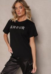 Czarny Bawełniany T-shirt z Napisem z Cekinami Marivinna. Czarne t-shirty damskie Renee, m, bez wzorów, z bawełny, bez kołnierzyka. Za 34.99 zł.