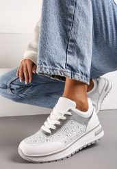 Białe Sznurowane Sneakersy z Ekoskóry z Cyrkoniami na Grubej Podeszwie Arpite. Białe obuwie sportowe damskie Renee, z jeansu, bez zapięcia. Za 99.99 zł.