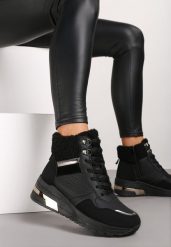 Czarne Sneakersy na Koturnie z Futerkowym Obszyciem i Metalicznymi Detalami Promelia. Czarne obuwie sportowe damskie Renee, z jeansu, bez zapięcia. Za 99.99 zł.