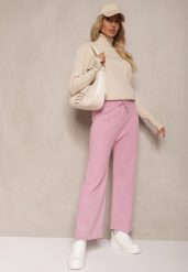 Różowe Spodnie o Szerokim Kroju High Waist z Cyrkoniami i Gumką w Pasie Loreitha. Czerwone spodnie materiałowe damskie Renee, z aplikacjami, z jeansu. Za 69.99 zł.