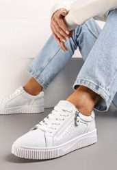 Białe Sznurowane Sneakersy z Naturalnej Skóry Ozdobione Suwakiem Ciarra. Białe obuwie sportowe damskie Renee, z jeansu, bez zapięcia. Za 159.99 zł.