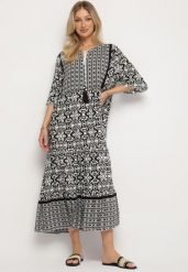 Czarna Bawełniana Sukienka w Stylu Boho z Wiązaniem Przy Dekolcie Orradelle. Czarne sukienki damskie Born2be, bez wzorów, z bawełny, boho, bez ramiączek. Za 99.99 zł.