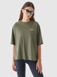 4F T-shirt oversize z nadrukiem damski - oliwkowy/khaki L. Brązowe t-shirty damskie 4F, l, bez wzorów, z bawełny, bez kołnierzyka. W wyprzedaży za 29.99 zł.