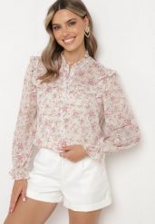 Jasnobeżowa Koszula z Błyszczącymi Drobinkami Falbankami i Wzorem w Kwiaty Vletanna. Brązowe koszule damskie Born2be, l, bez wzorów, eleganckie, bez kołnierzyka, bez ramiączek. Za 119.99 zł.
