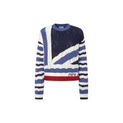 Sweter damski Pepe Jeans Harlow. Białe swetry klasyczne damskie Pepe Jeans, na zimę, z jeansu, bez kołnierzyka. W wyprzedaży za 295.20 zł.