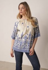 Niebieska Bluzka z Wiskozy z Kwiatowym Wzorem Wiązaniem i Frędzlami Hawnalue. Niebieskie bluzki damskie Born2be, l, bez wzorów, z wiskozy, biznesowe, bez kołnierzyka, bez ramiączek. Za 59.99 zł.