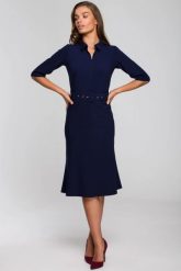 Elegancka sukienka koszulowa z kołnierzykiem paskiem granat. Sukienki damskie Stylove, bez wzorów, z materiału, biznesowe, bez ramiączek. Za 329.00 zł.