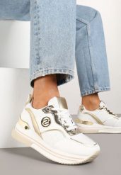 Biało-Złote Sneakersy na Grubej Podeszwie z Metalicznymi Wstawkami Gonnith. Białe obuwie sportowe damskie Born2be, na jesień, z jeansu, bez zapięcia, trekkingowe. Za 109.99 zł.
