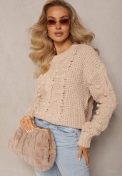 Beżowy Grubo Pleciony Sweter z Wełną i Bawełną Bavime. Brązowe swetry klasyczne damskie Renee, l, z bawełny, bez kołnierzyka. Za 84.99 zł.