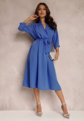 Niebieska Sukienka Canopis. Niebieskie sukienki damskie Renee, bez wzorów, z materiału, eleganckie, bez ramiączek. W wyprzedaży za 76.99 zł.