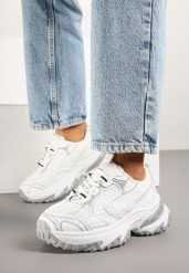 Białe Sneakersy na Grubej Podeszwie Ozdobione Geometrycznym Motywem Mevillia. Białe obuwie sportowe damskie Born2be, bez zapięcia, trekkingowe. Za 109.99 zł.