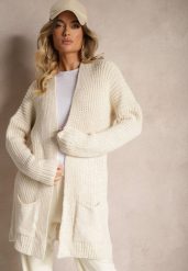 Jasnobeżowy Długi Kardigan Bez Zapięć z Obniżoną Linią Ramion i Kieszeniami Viatha. Brązowe kardigany damskie Renee, m, bez wzorów, z jeansu. Za 129.99 zł.