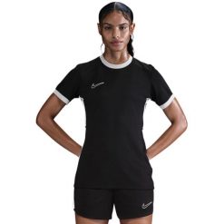Damska koszulka piłkarska Nike Dri-FIT Academy 25 SS. Czarne bluzki damskie Nike, bez wzorów, z poliesteru, sportowe, bez kołnierzyka, bez ramiączek. Za 76.99 zł.