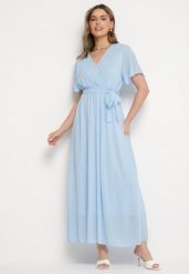Niebieska Brokatowa Sukienka Koktajlowa Ozdobiona Paskiem Ziliane. Niebieskie sukienki damskie Born2be, z aplikacjami, eleganckie, bez ramiączek. W wyprzedaży za 110.49 zł.