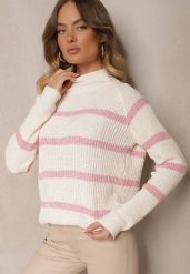 Beżowo-Różowy Sweter w Poziome Pasy z Domieszką Wiskozy Tintarina. Czerwone swetry klasyczne damskie Renee, uniwersalny, z jeansu, bez kołnierzyka. Za 59.99 zł.