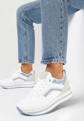 Biało-Niebieskie Sznurowane Sneakersy na Płaskiej Podeszwie Zdobione Brokatem Gerine. Białe obuwie sportowe damskie Born2be, z materiału, bez zapięcia. Za 99.99 zł.