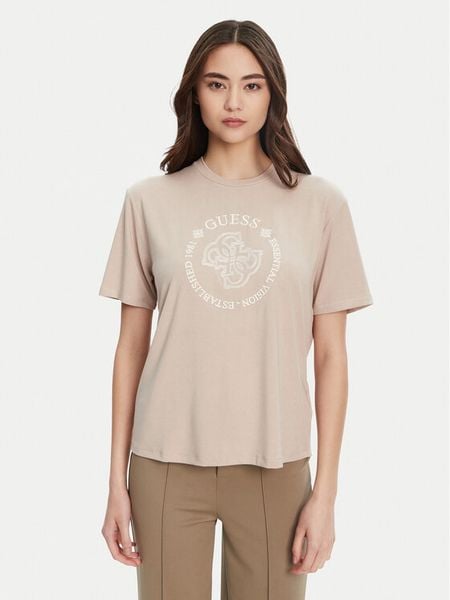 Guess T-Shirt V5YI05 KCOA2 Beżowy Regular Fit. Brązowe t-shirty damskie Guess, s, z aplikacjami, z wiskozy, bez kołnierzyka. Za 119.99 zł.