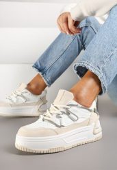 Biało-Beżowe Sneakersy na Platformie z Paskiem z Cyrkonii Aneolin. Białe obuwie sportowe damskie Renee, bez zapięcia. Za 89.99 zł.