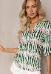 Zielono-Różowa Bluzka z Wiskozy Zapinana na Guziki Axara. Zielone bluzki damskie Renee, m, bez wzorów, z materiału, bez kołnierzyka, bez ramiączek. Za 49.99 zł.