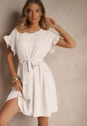 Jasnobeżowa Sukienka z Paskiem i Falbankami przy Rękawach Folunelle. Brązowe sukienki damskie Renee, bez wzorów, eleganckie, bez ramiączek. W wyprzedaży za 62.99 zł.
